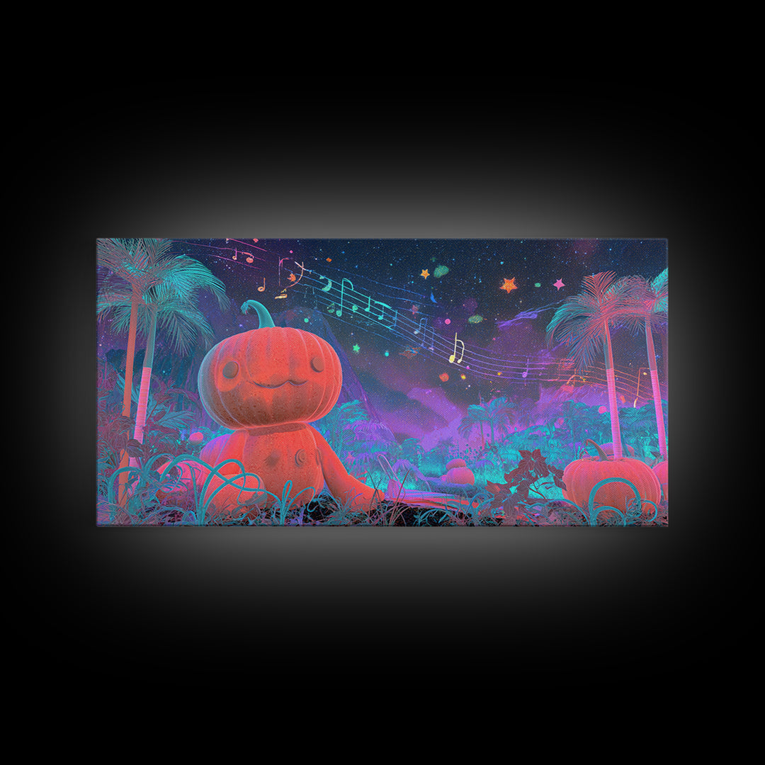 The Singing Pumpkin Patch, Vaporwave Halloween Decor, Wide Panoramic Art, Framed Canvas Print, Retro Halloween Decor, Neon Wall Art