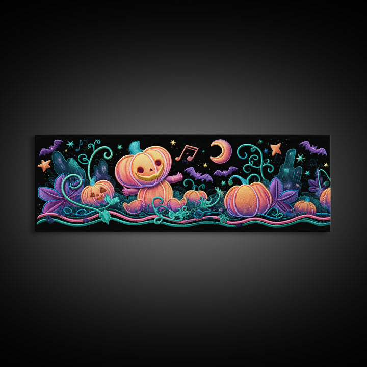 The Singing Pumpkin Patch, Retro Neon Halloween Art, Extra Wide Wall Art, Canvas Print, Retro Halloween Decor, Neon Wall Art