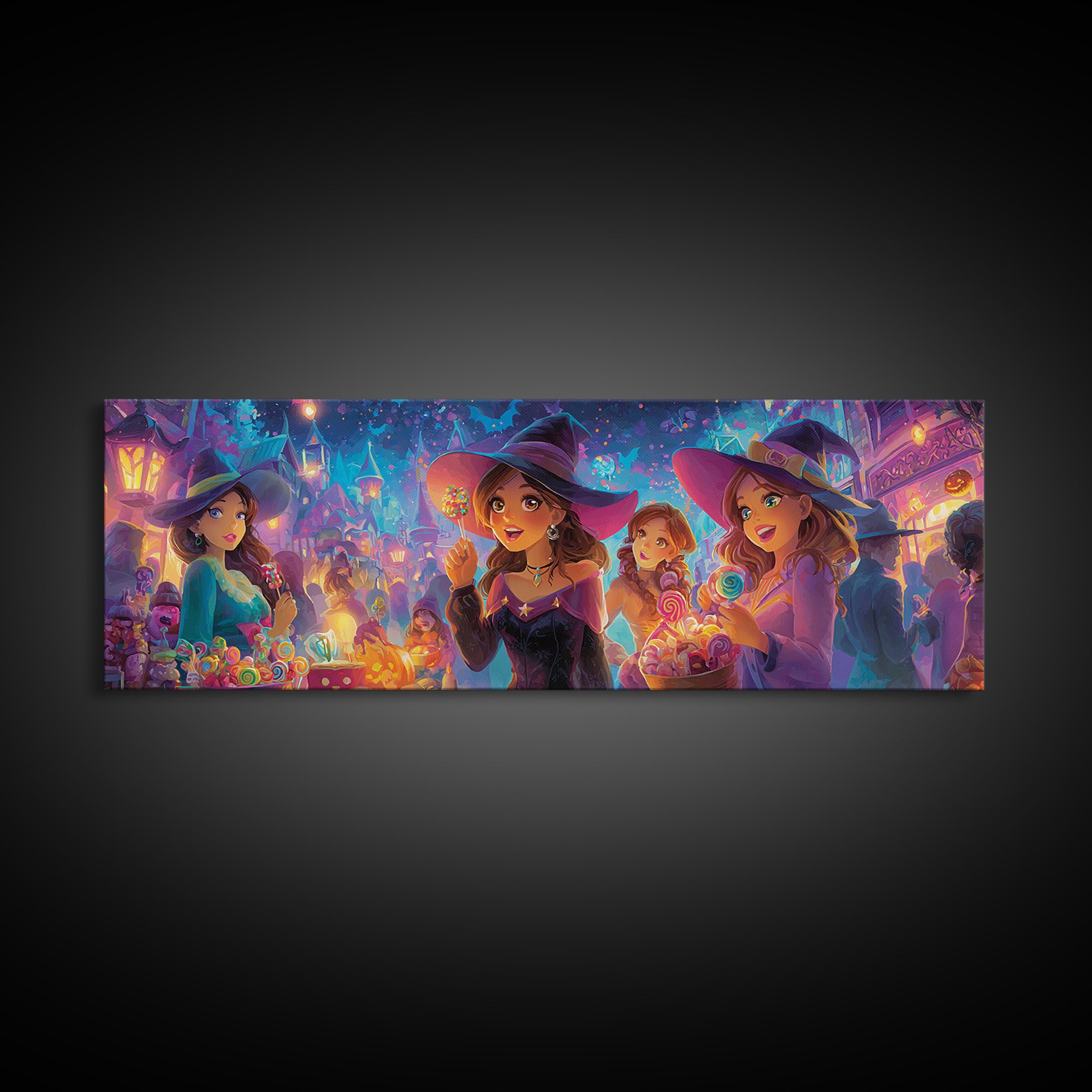 The First Autumn Snowflake, Synthwave Halloween Art, Extra Wide Wall Art, Framed Canvas Print, Retro Halloween Decor, Neon Wall Art