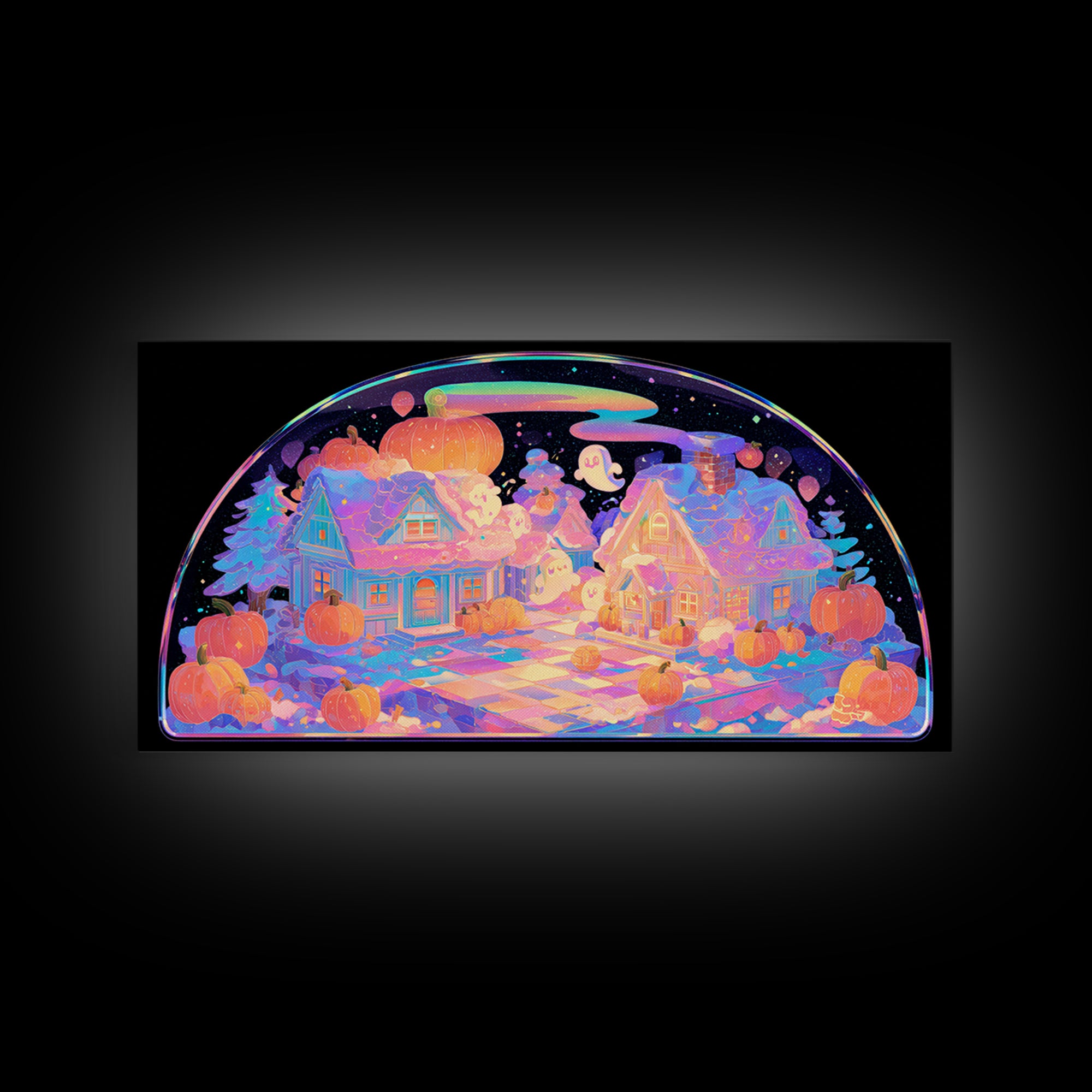 Halloween Inside A Snow Globe, 80s Halloween Wall Art, Wide Panoramic Art, Canvas Print, Retro Halloween Decor, Neon Wall Art