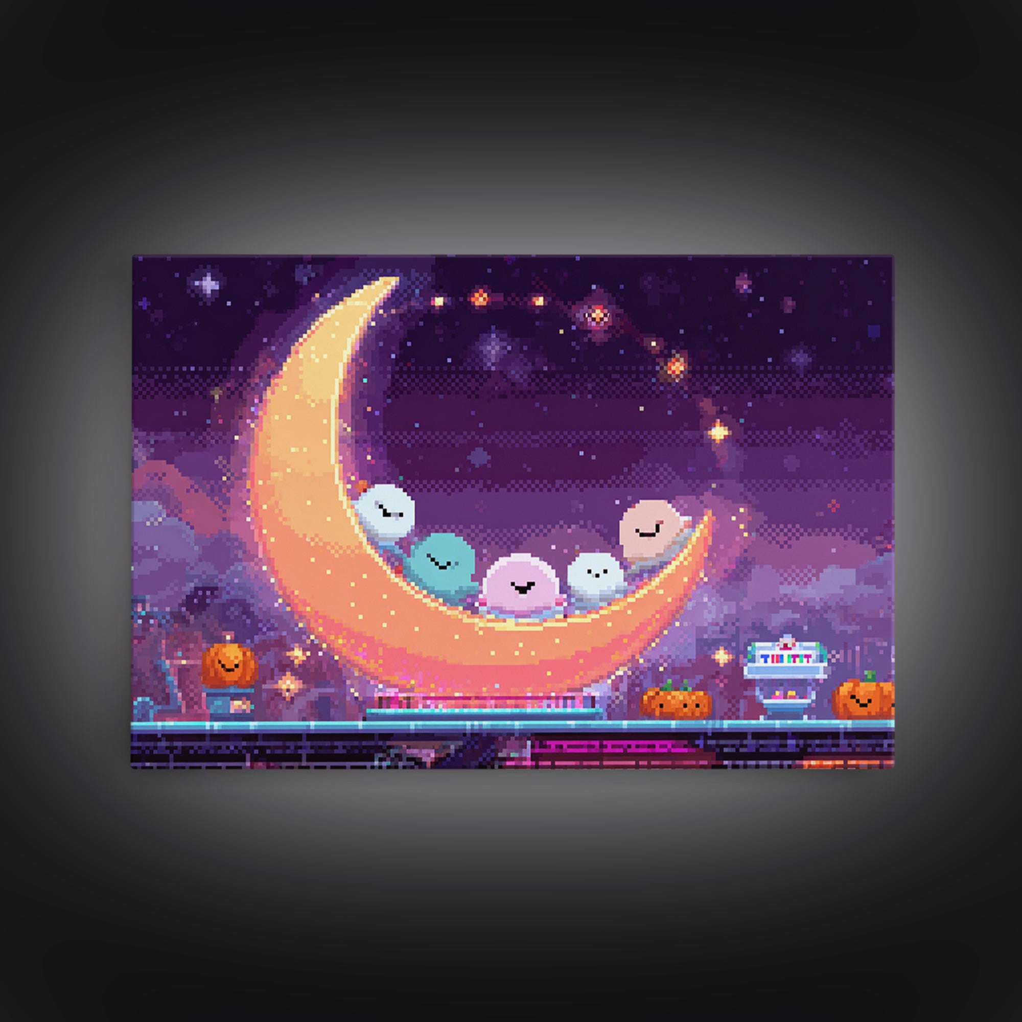 The Tiny Moon Carnival, Vaporwave Halloween Decor, Landscape Wall Art, Framed Canvas Print, Retro Halloween Decor, Neon Wall Art