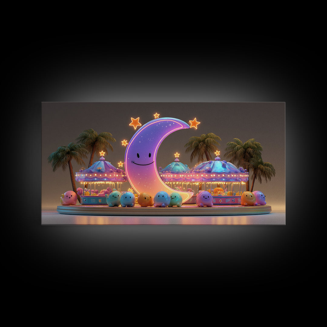 The Tiny Moon Carnival, Retro Neon Halloween Art, Wide Panoramic Art, Framed Canvas Print, Retro Halloween Decor, Neon Wall Art
