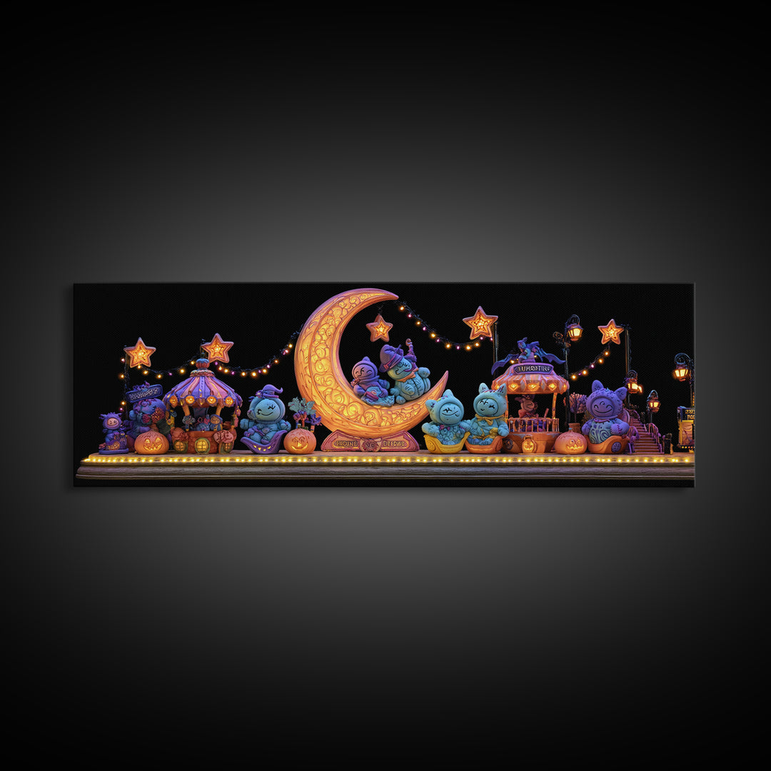The Tiny Moon Carnival, 80s Halloween Wall Art, Extra Wide Wall Art, Framed Canvas Print, Retro Halloween Decor, Neon Wall Art
