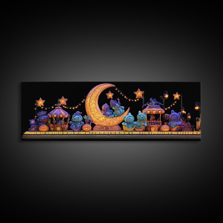 The Tiny Moon Carnival, 80s Halloween Wall Art, Extra Wide Wall Art, Framed Canvas Print, Retro Halloween Decor, Neon Wall Art