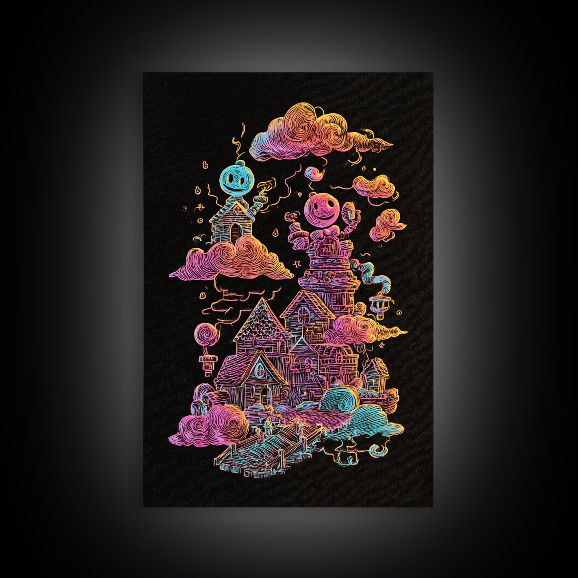 The Upside-Down Candy Kingdom, Vaporwave Halloween Decor, Vertical Wall Art, Canvas Print, Retro Halloween Decor, Neon Wall Art