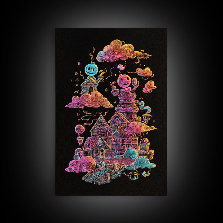 The Upside-Down Candy Kingdom, Vaporwave Halloween Decor, Vertical Wall Art, Canvas Print, Retro Halloween Decor, Neon Wall Art