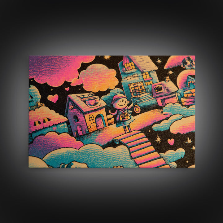 The Upside-Down Candy Kingdom, Synthwave Halloween Art, Landscape Wall Art, Framed Canvas Print, Retro Halloween Decor, Neon Wall Art