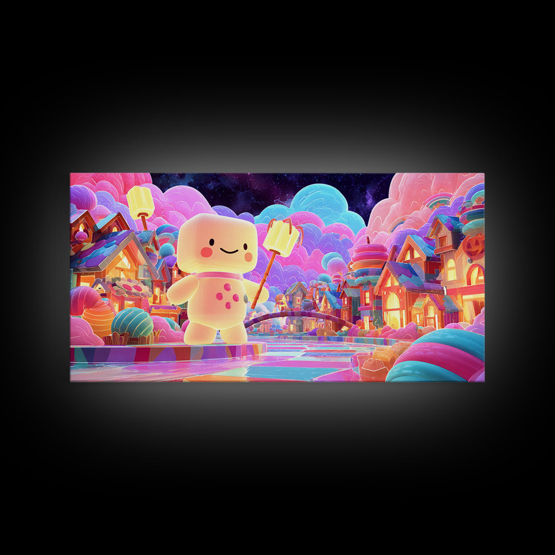 The Upside-Down Candy Kingdom, Vaporwave Halloween Decor, Wide Panoramic Art, Canvas Print, Retro Halloween Decor, Neon Wall Art