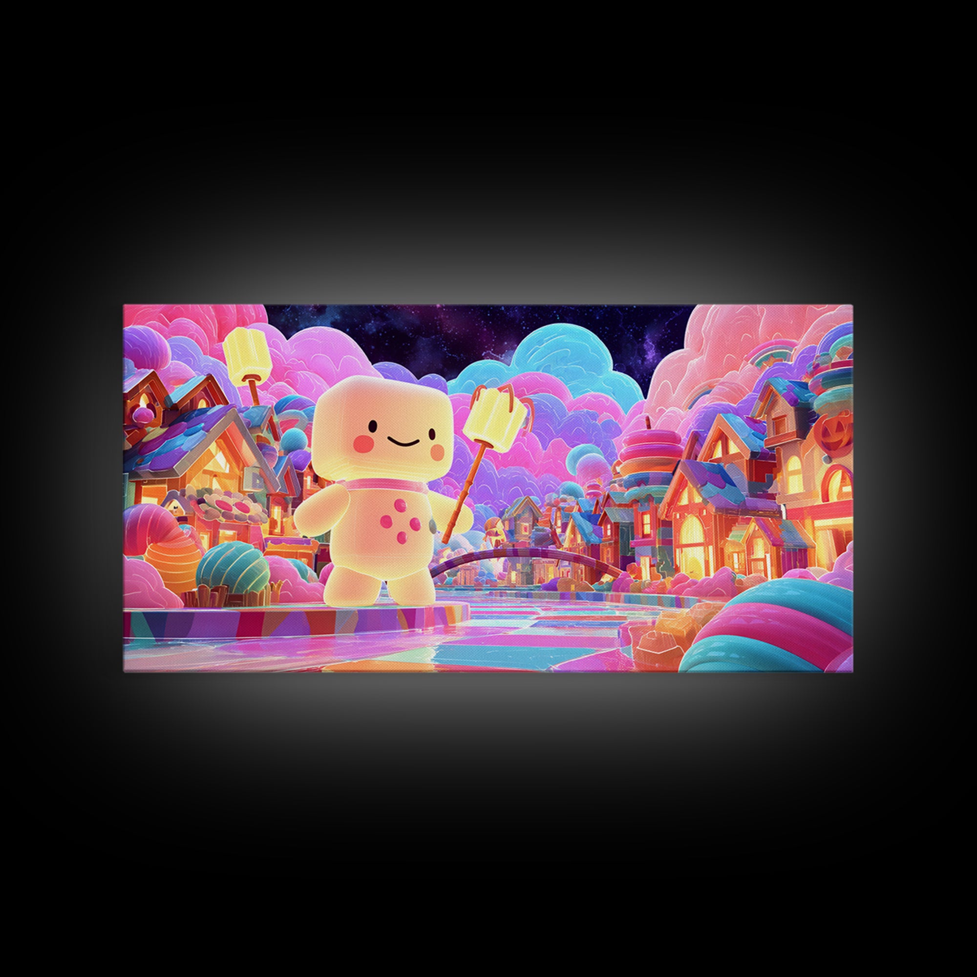 The Upside-Down Candy Kingdom, Vaporwave Halloween Decor, Wide Panoramic Art, Canvas Print, Retro Halloween Decor, Neon Wall Art