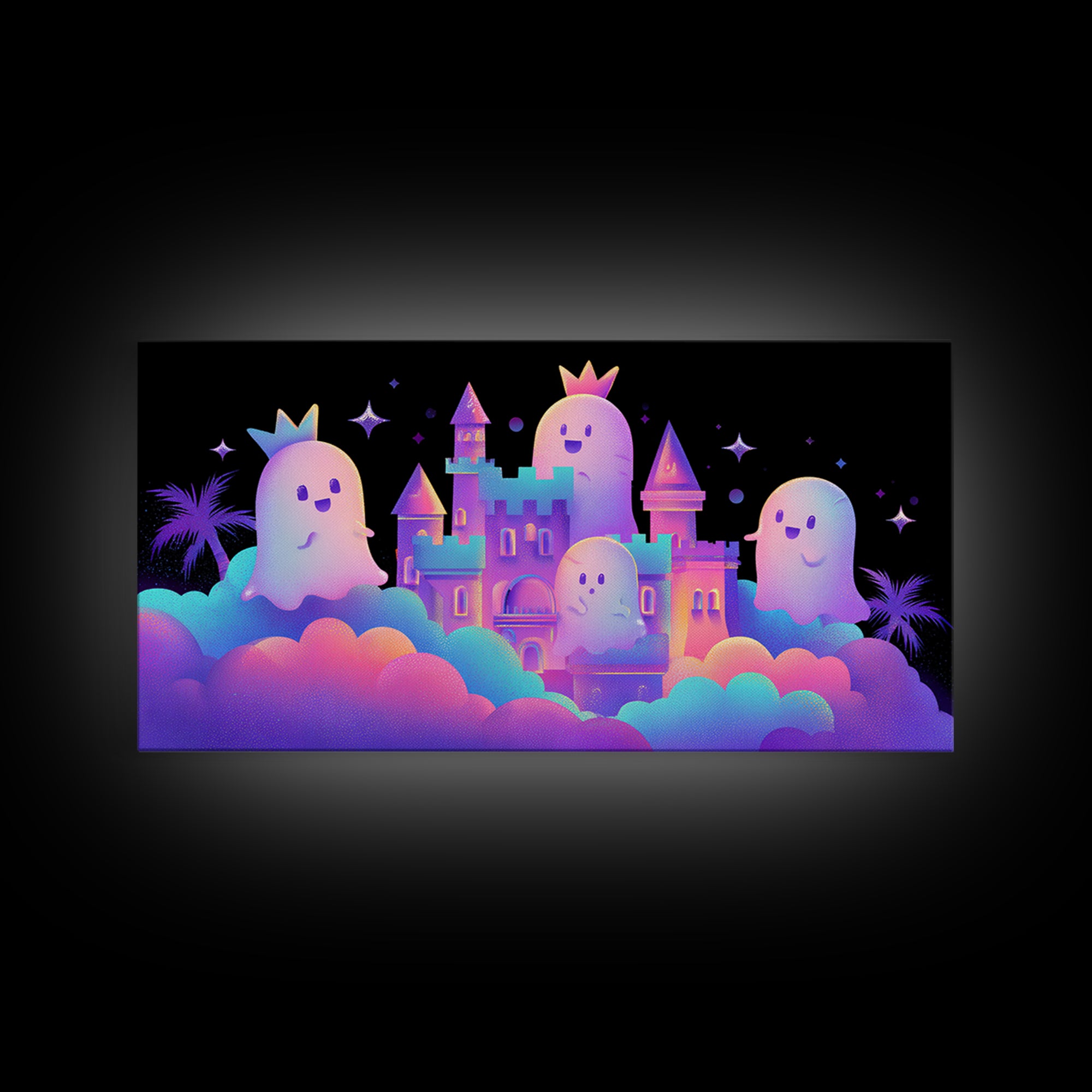 The Halloween Cloud Castle, 80s Halloween Wall Art, Wide Panoramic Art, Framed Canvas Print, Retro Halloween Decor, Neon Wall Art