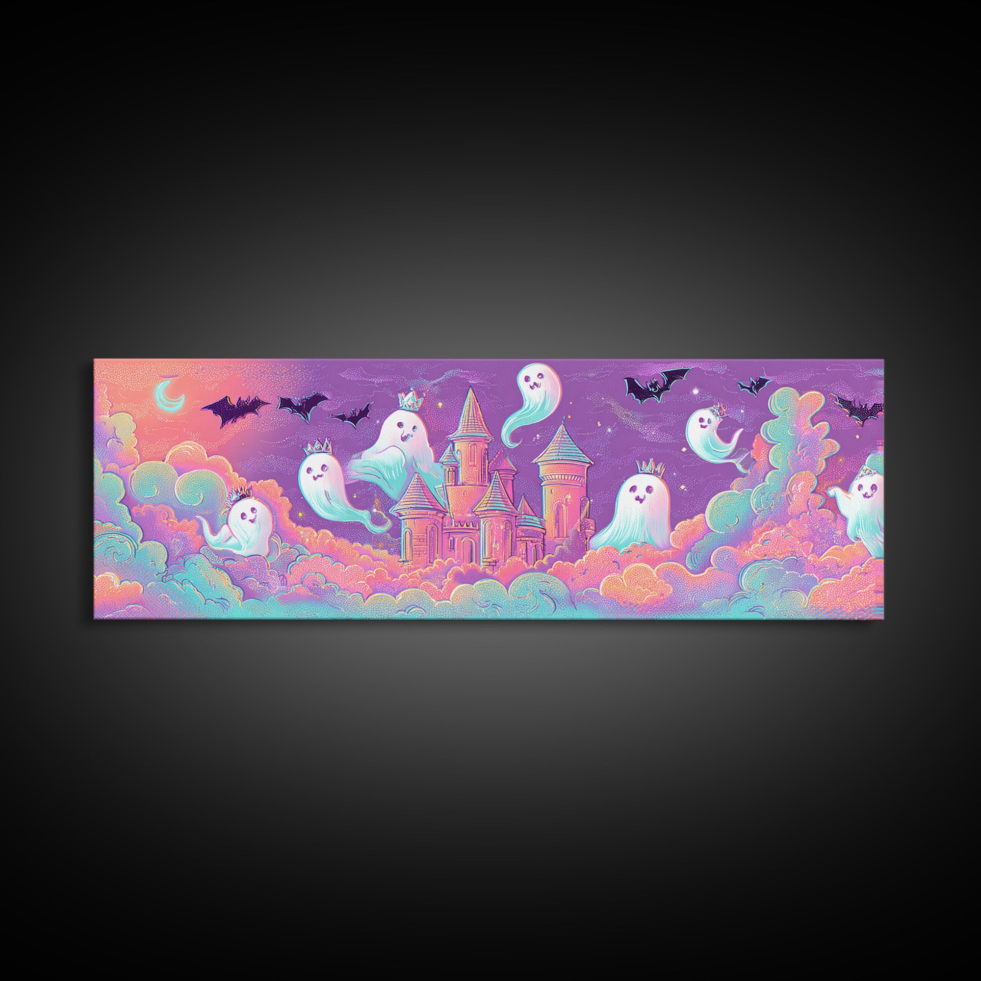 The Halloween Cloud Castle, Retro Neon Halloween Art, Extra Wide Wall Art, Framed Canvas Print, Retro Halloween Decor, Neon Wall Art