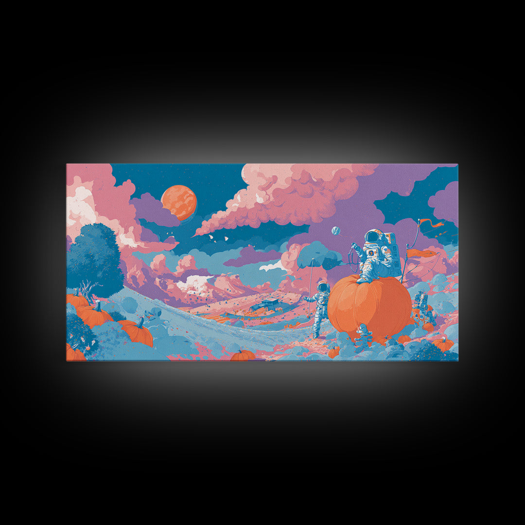 The Pumpkin Moon Expedition, Cute Spooky Neon Art, Wide Panoramic Art, Canvas Print, Retro Halloween Decor, Neon Wall Art, Spooky Wall Decor