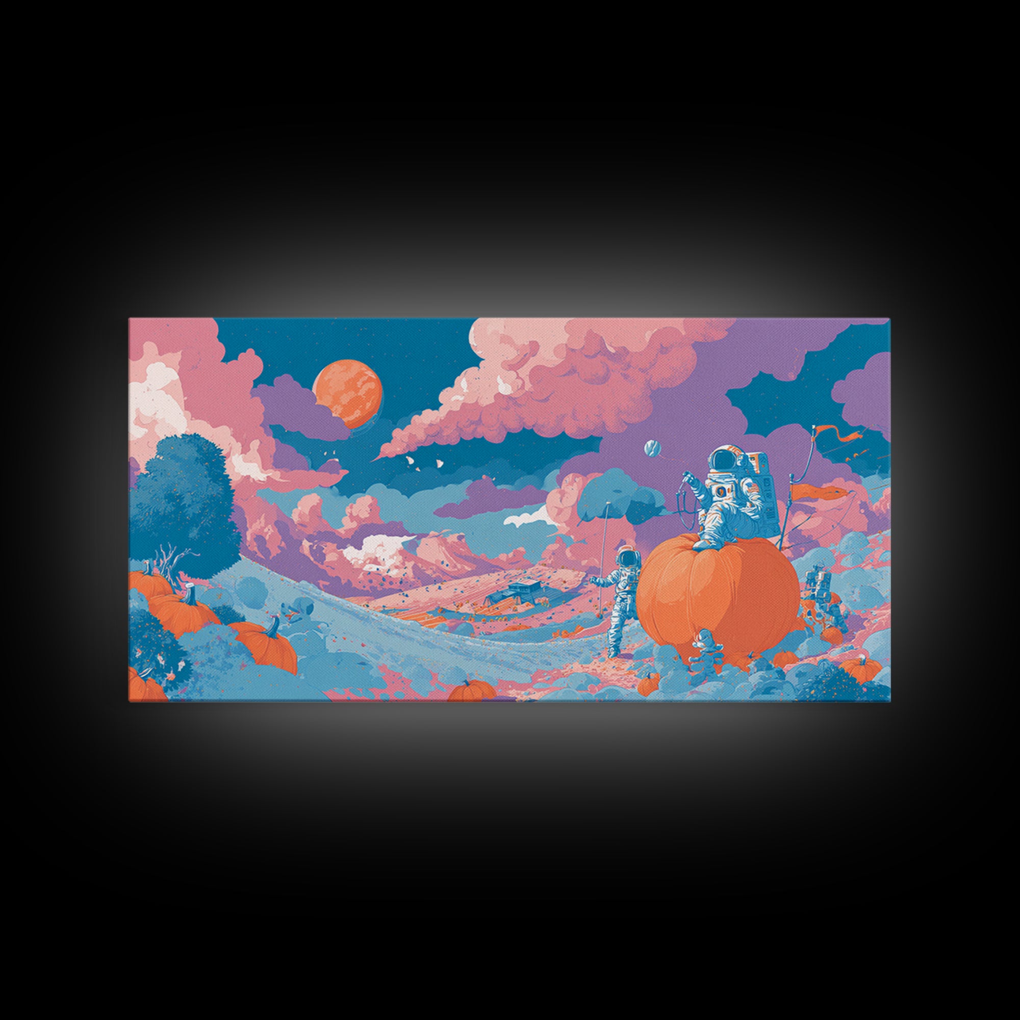 The Pumpkin Moon Expedition, Cute Spooky Neon Art, Wide Panoramic Art, Canvas Print, Retro Halloween Decor, Neon Wall Art, Spooky Wall Decor