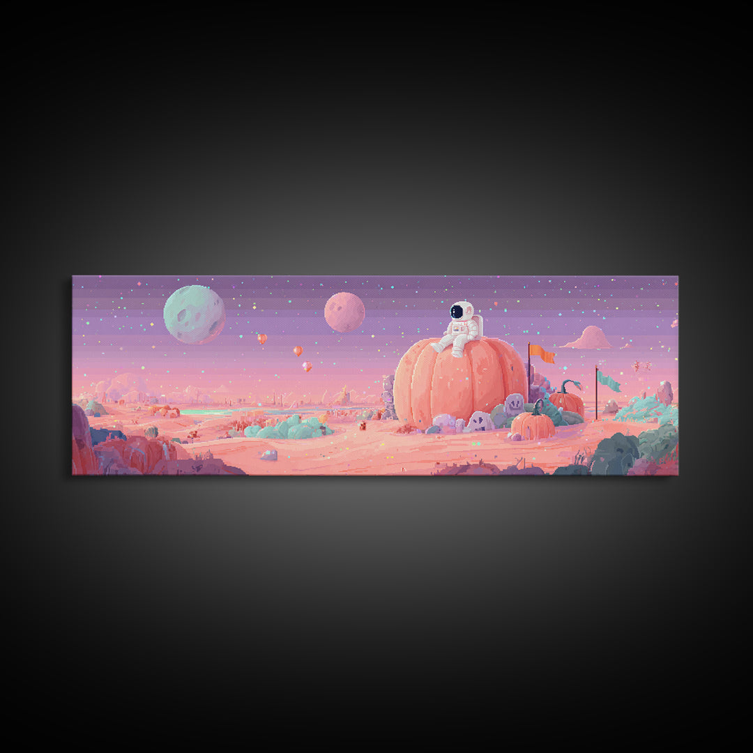 The Pumpkin Moon Expedition, Cute Spooky Neon Art, Extra Wide Wall Art, Framed Canvas Print, Retro Halloween Decor, Neon Wall Art