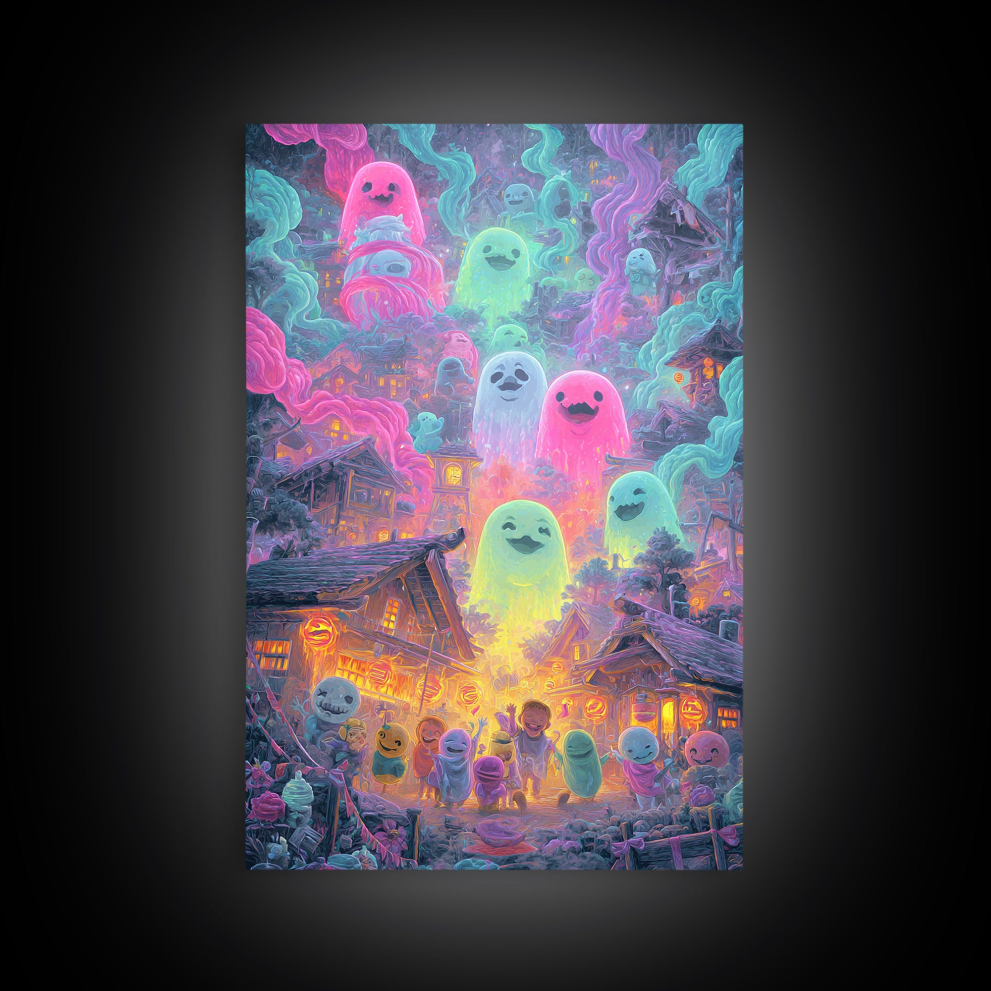 The Ghost Balloon City, Retro Neon Halloween Art, Vertical Wall Art, Framed Canvas Print, Retro Halloween Decor, Neon Wall Art