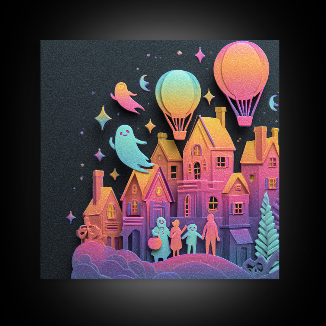 The Ghost Balloon City, Cute Spooky Neon Art, Square Wall Art, Canvas Print, Retro Halloween Decor, Neon Wall Art, Horror Wall Art