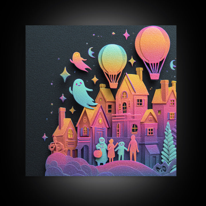 The Ghost Balloon City, Cute Spooky Neon Art, Square Wall Art, Canvas Print, Retro Halloween Decor, Neon Wall Art, Horror Wall Art