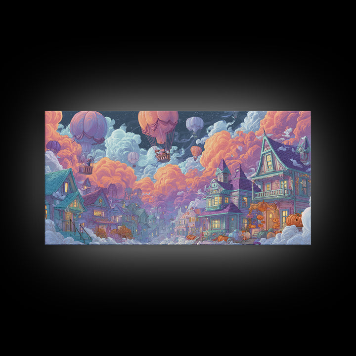 The Ghost Balloon City, Synthwave Halloween Art, Wide Panoramic Art, Framed Canvas Print, Retro Halloween Decor, Neon Wall Art