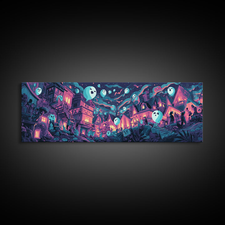The Ghost Balloon City, Synthwave Halloween Art, Extra Wide Wall Art, Canvas Print, Retro Halloween Decor, Neon Wall Art, Statement Wall Art