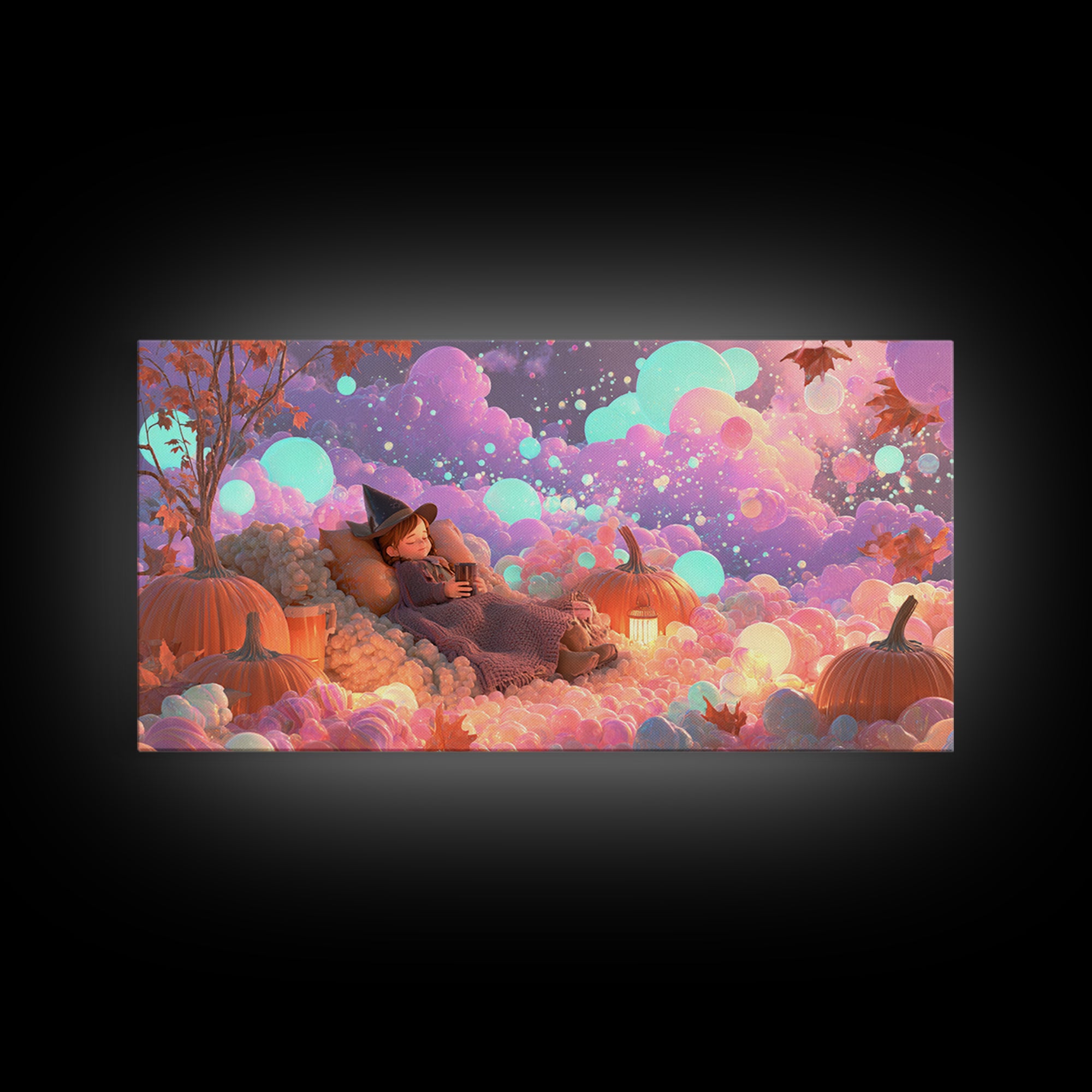 The Candy Comet Adventure, Synthwave Halloween Art, Wide Panoramic Art, Framed Canvas Print, Retro Halloween Decor, Neon Wall Art