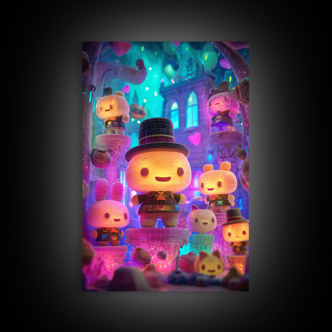 The Halloween Toy Kingdom, Cute Spooky Neon Art, Vertical Wall Art, Framed Canvas Print, Retro Halloween Decor, Neon Wall Art
