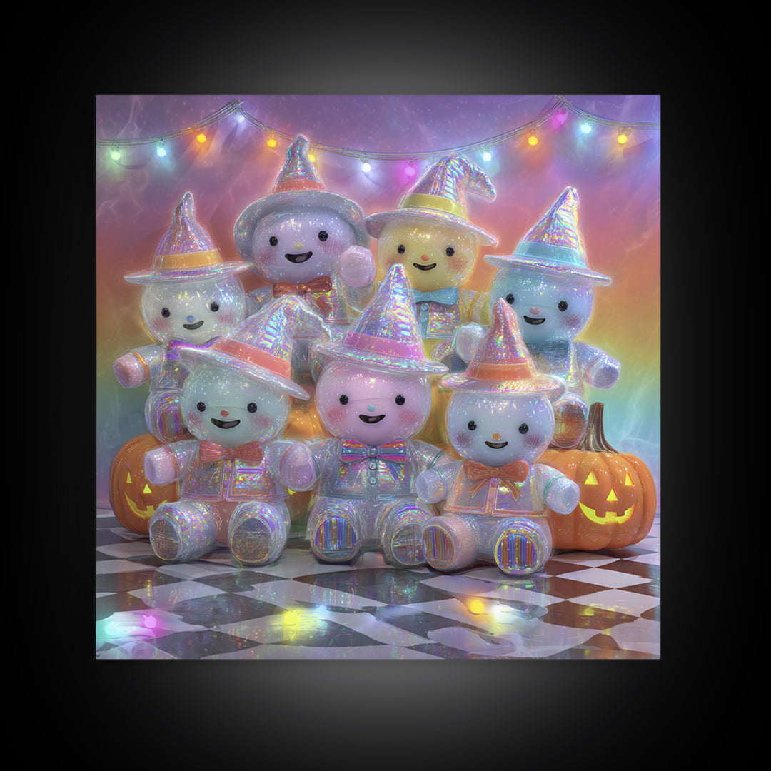 The Halloween Toy Kingdom, Cute Spooky Neon Art, Square Wall Art, Framed Canvas Print, Retro Halloween Decor, Neon Wall Art