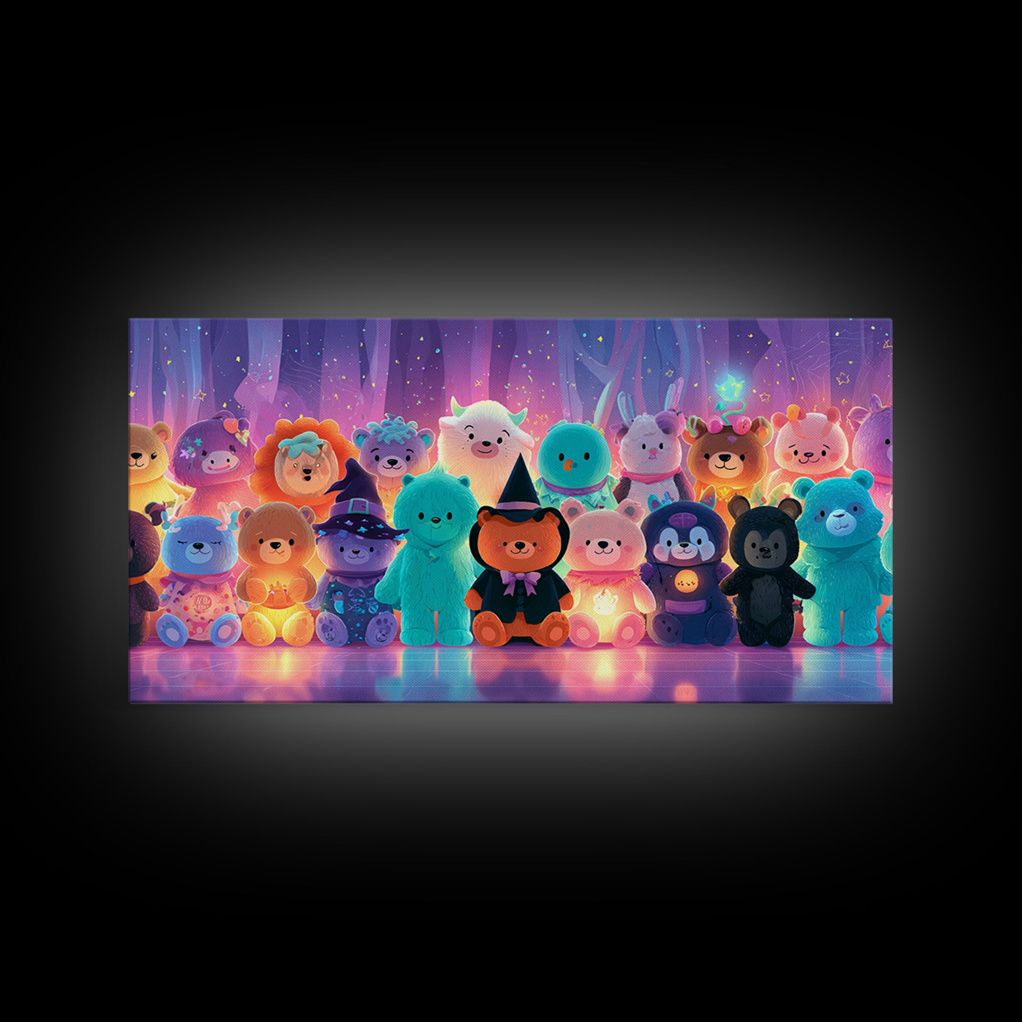 The Halloween Toy Kingdom, Vaporwave Halloween Decor, Wide Panoramic Art, Framed Canvas Print, Retro Halloween Decor, Neon Wall Art
