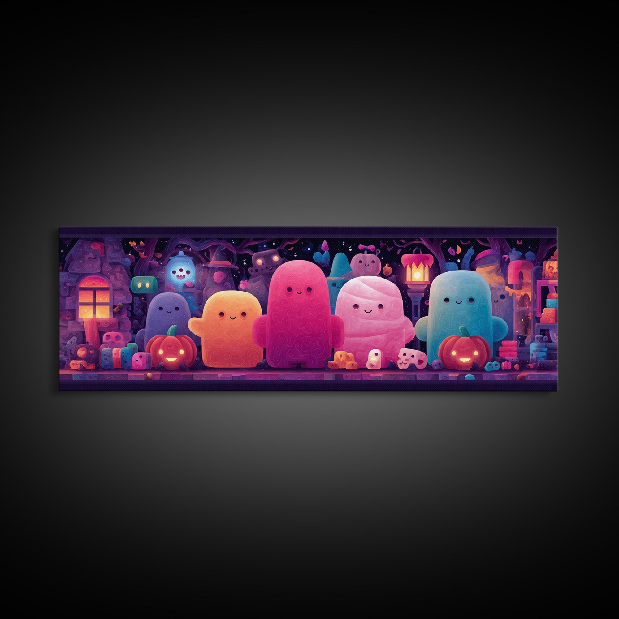 The Halloween Toy Kingdom, Cute Spooky Neon Art, Extra Wide Wall Art, Canvas Print, Retro Halloween Decor, Neon Wall Art, Dark Fantasy Art
