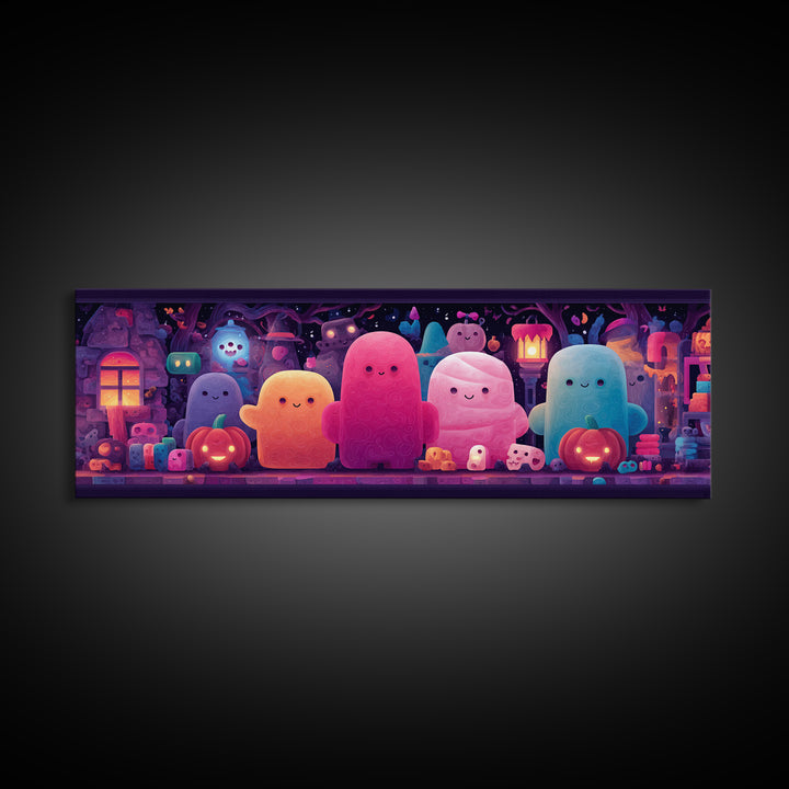 The Halloween Toy Kingdom, Cute Spooky Neon Art, Extra Wide Wall Art, Canvas Print, Retro Halloween Decor, Neon Wall Art, Dark Fantasy Art