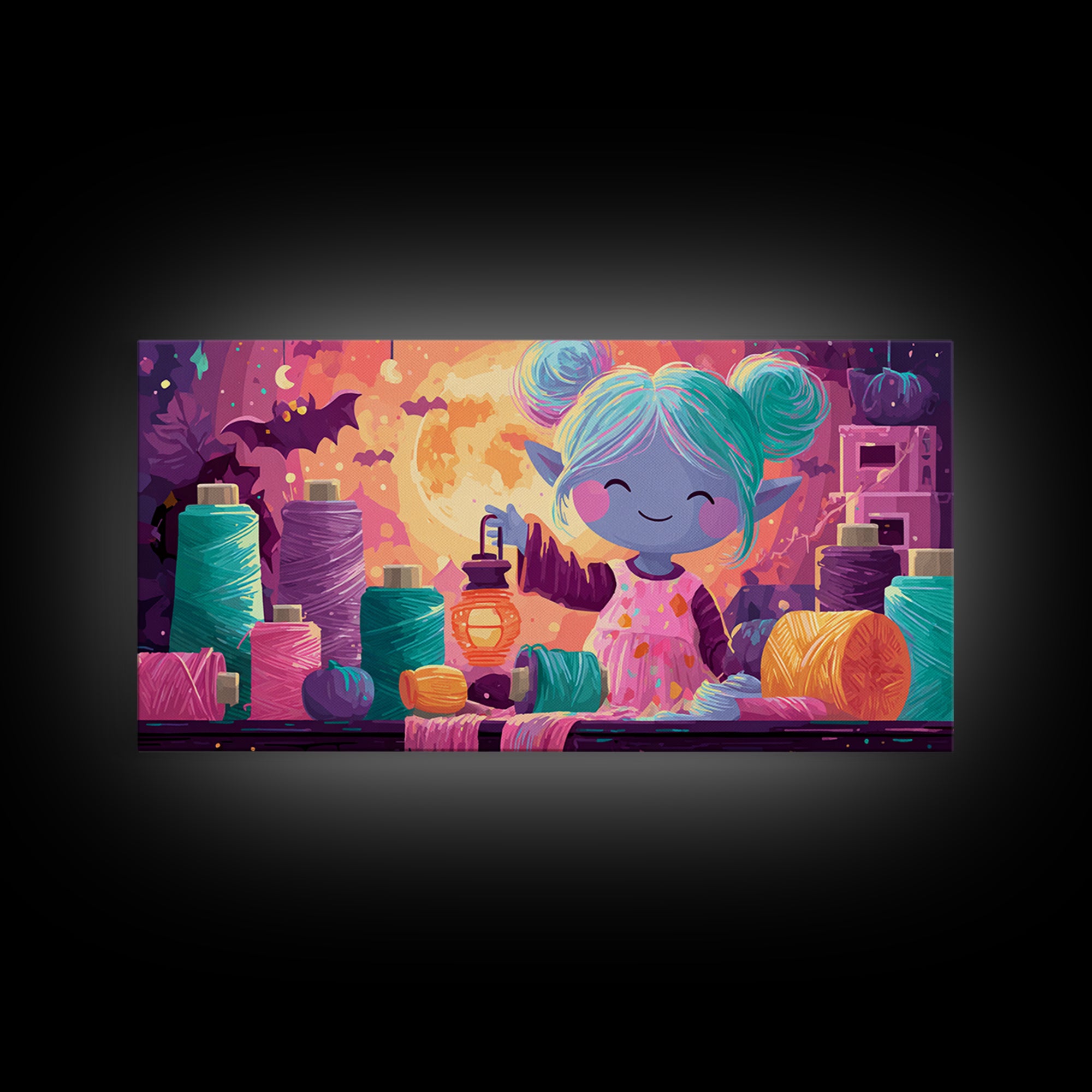 The Magical Costume Workshop, 80s Halloween Wall Art, Wide Panoramic Art, Framed Canvas Print, Retro Halloween Decor, Neon Wall Art