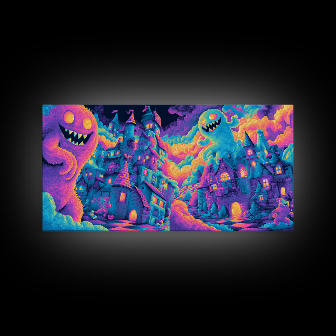 The Great Monster Pajama Party, Cute Spooky Neon Art, Wide Panoramic Art, Framed Canvas Print, Retro Halloween Decor, Neon Wall Art