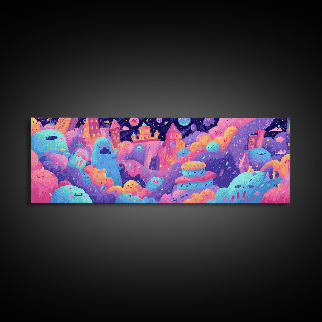 The Great Monster Pajama Party, Vaporwave Halloween Decor, Extra Wide Wall Art, Canvas Print, Retro Halloween Decor, Neon Wall Art