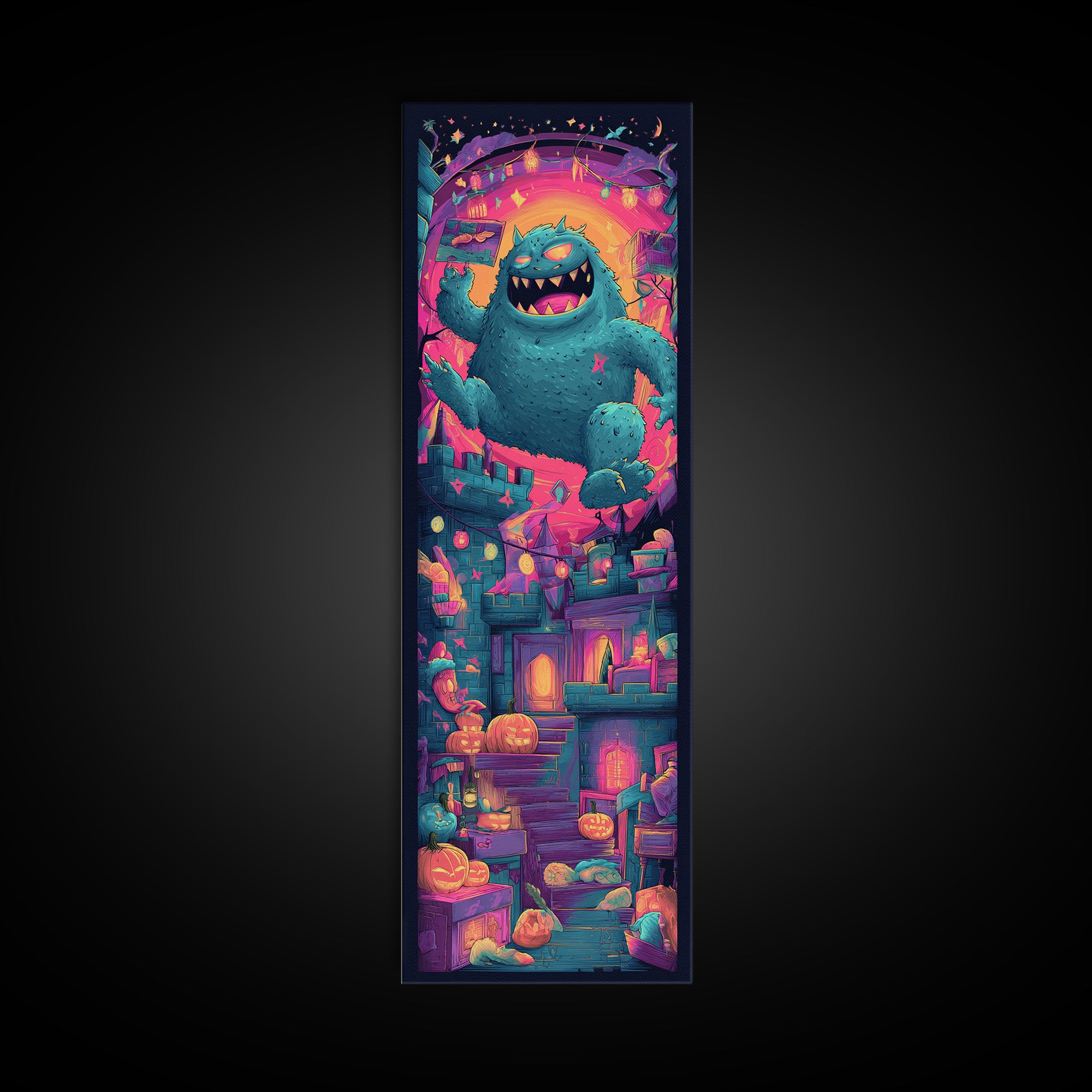 The Great Monster Pajama Party, Vaporwave Halloween Decor, Tall Narrow Wall Art, Canvas Print, Retro Halloween Decor, Neon Wall Art