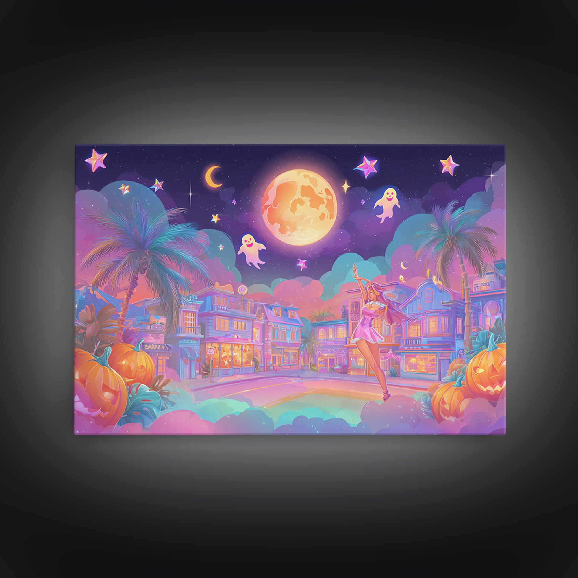 The Rainbow Halloween Night, 80s Halloween Wall Art, Landscape Wall Art, Canvas Print, Retro Halloween Decor, Neon Wall Art