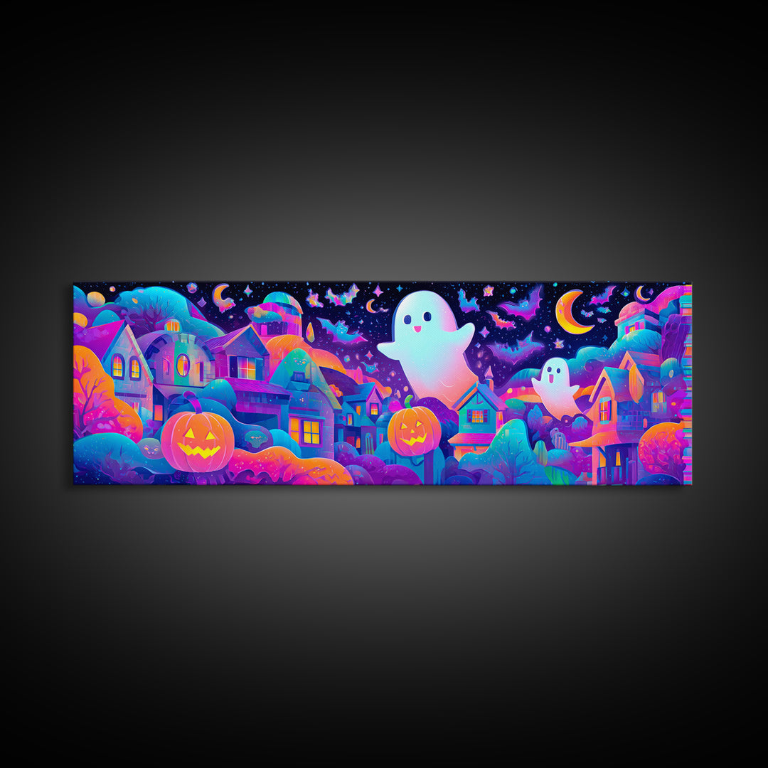 The Rainbow Halloween Night, Cute Spooky Neon Art, Extra Wide Wall Art, Canvas Print, Retro Halloween Decor, Neon Wall Art