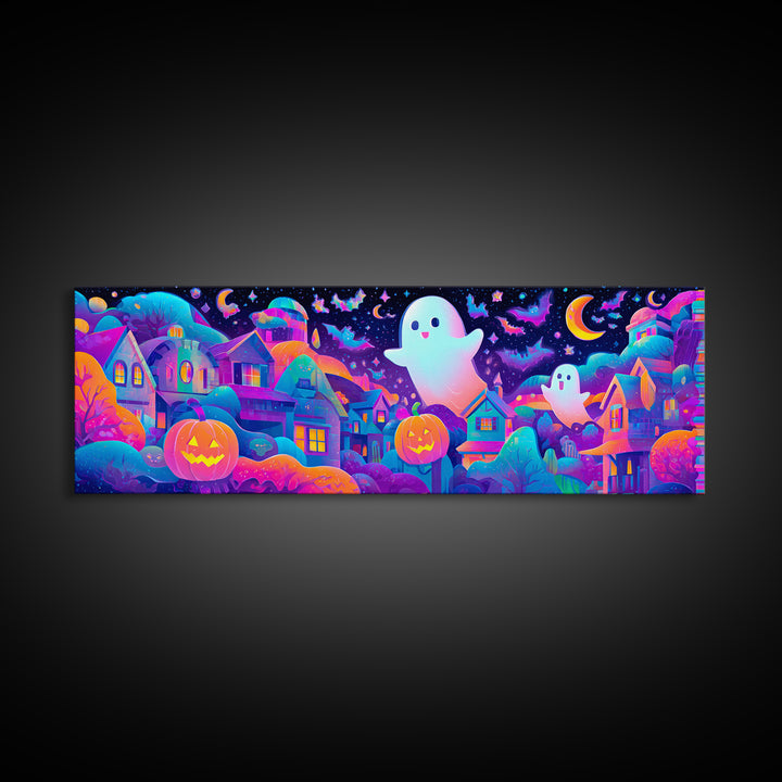 The Rainbow Halloween Night, Cute Spooky Neon Art, Extra Wide Wall Art, Canvas Print, Retro Halloween Decor, Neon Wall Art