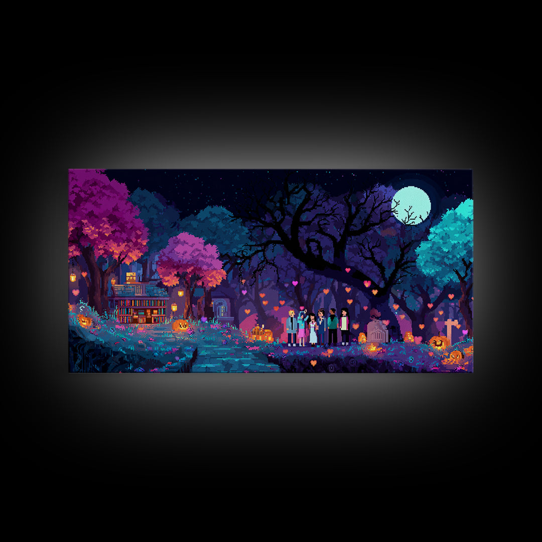 The Enchanted Halloween Library, Cute Spooky Neon Art, Wide Panoramic Art, Canvas Print, Retro Halloween Decor, Neon Wall Art