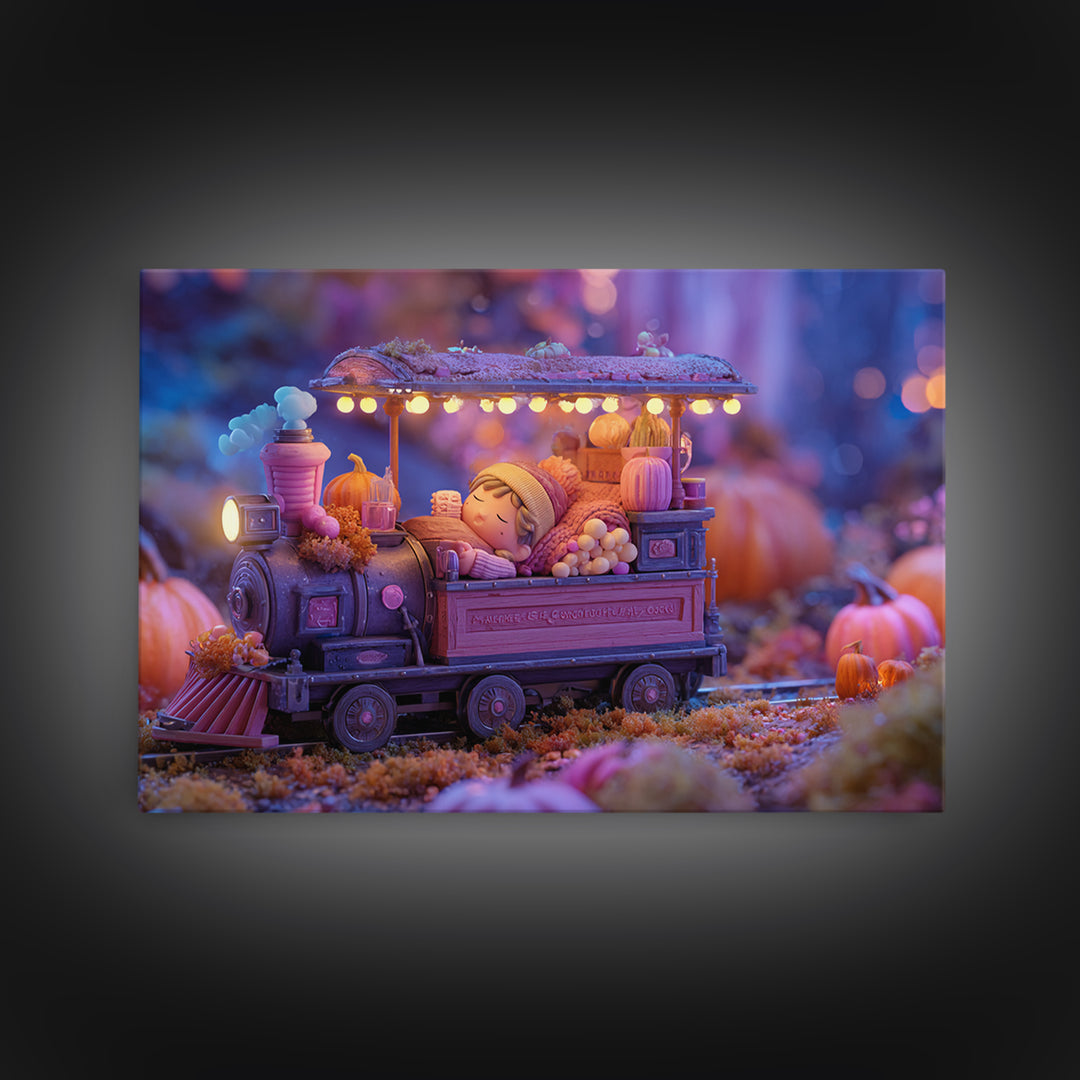 The Trick-Or-Treat Express, 80s Halloween Wall Art, Landscape Wall Art, Canvas Print, Retro Halloween Decor, Neon Wall Art