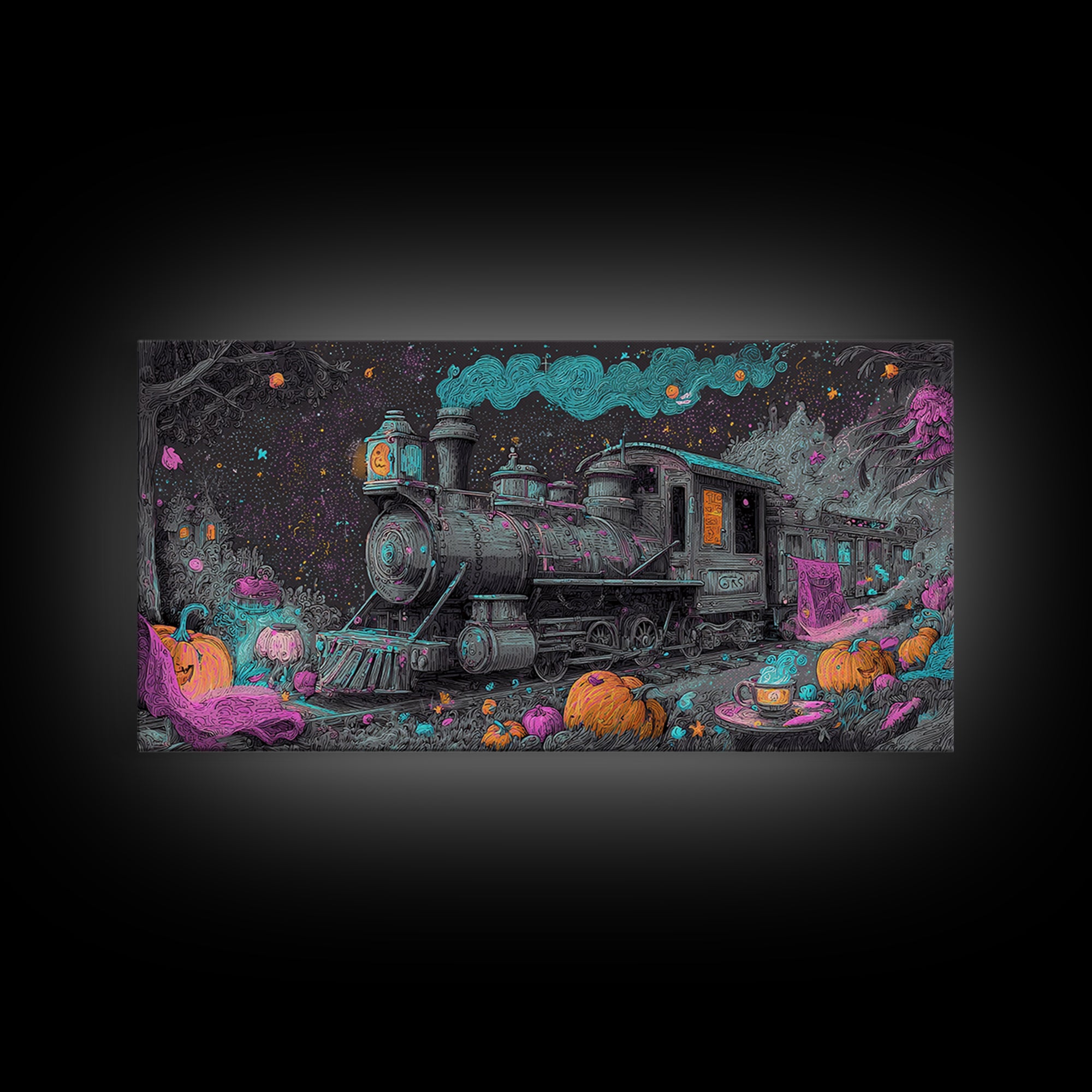 The Trick-Or-Treat Express, Synthwave Halloween Art, Wide Panoramic Art, Canvas Print, Retro Halloween Decor, Neon Wall Art