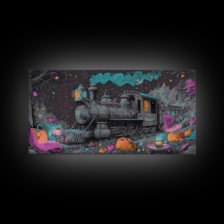 The Trick-Or-Treat Express, Synthwave Halloween Art, Wide Panoramic Art, Canvas Print, Retro Halloween Decor, Neon Wall Art