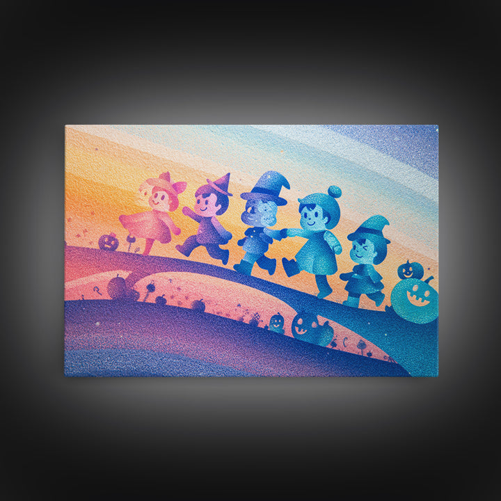 The Parade Across The Stars, Cute Spooky Neon Art, Landscape Wall Art, Canvas Print, Retro Halloween Decor, Neon Wall Art, Spooky Wall Decor