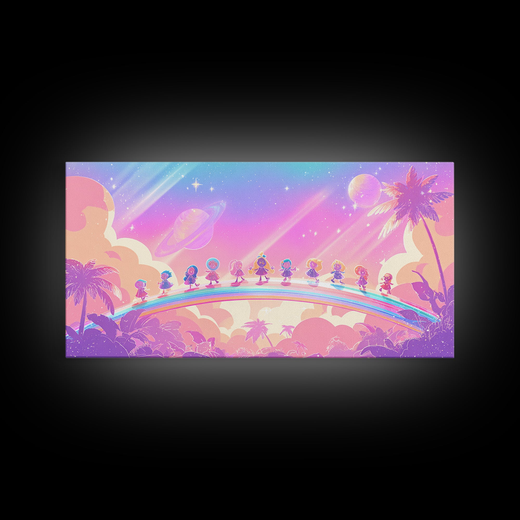 The Parade Across The Stars, Synthwave Halloween Art, Wide Panoramic Art, Framed Canvas Print, Retro Halloween Decor, Neon Wall Art