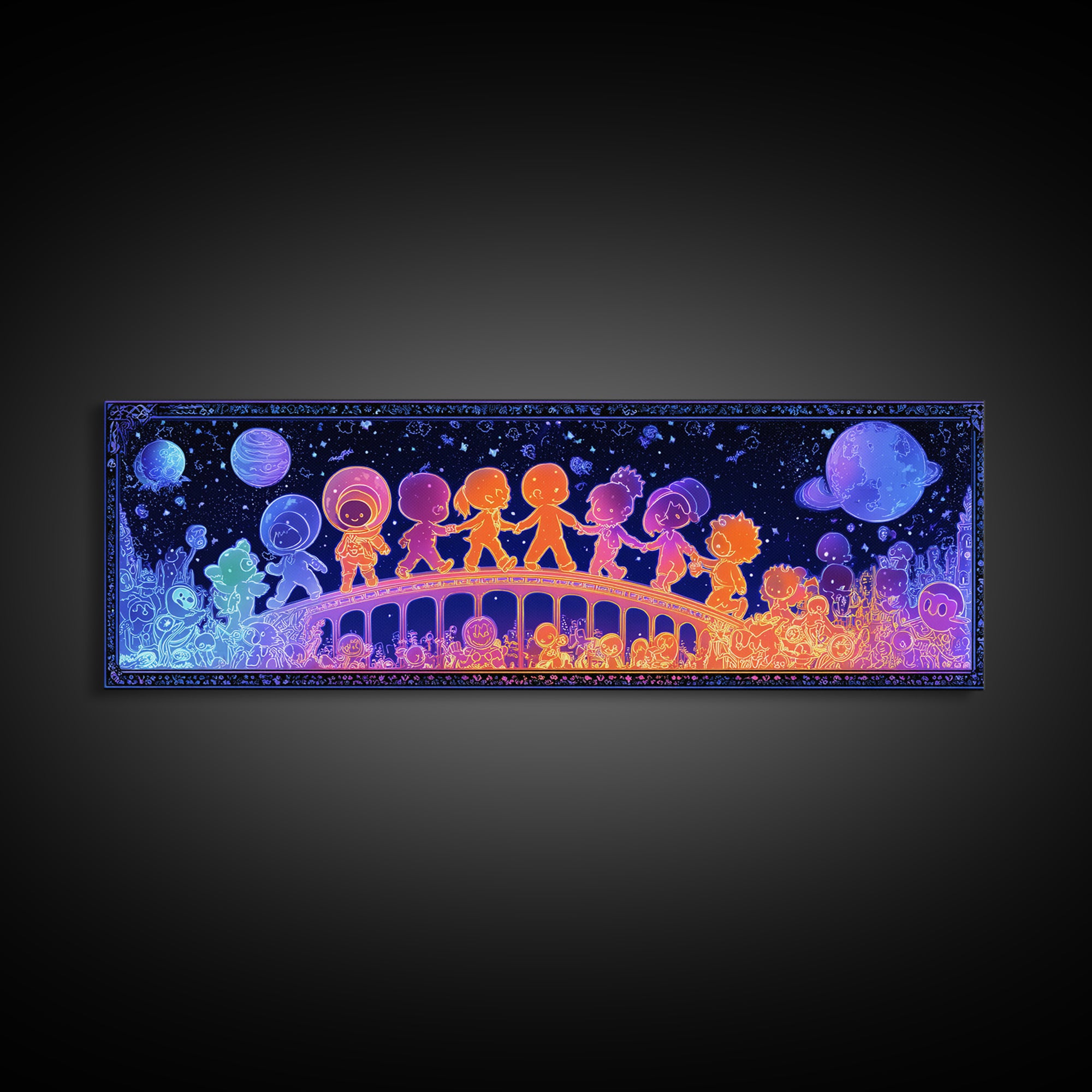 The Parade Across The Stars, Retro Neon Halloween Art, Extra Wide Wall Art, Framed Canvas Print, Retro Halloween Decor, Neon Wall Art