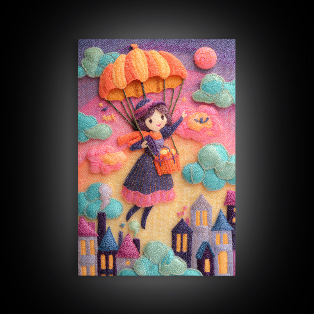 The Enchanted Umbrella Adventure, 80s Halloween Wall Art, Vertical Wall Art, Canvas Print, Retro Halloween Decor, Neon Wall Art