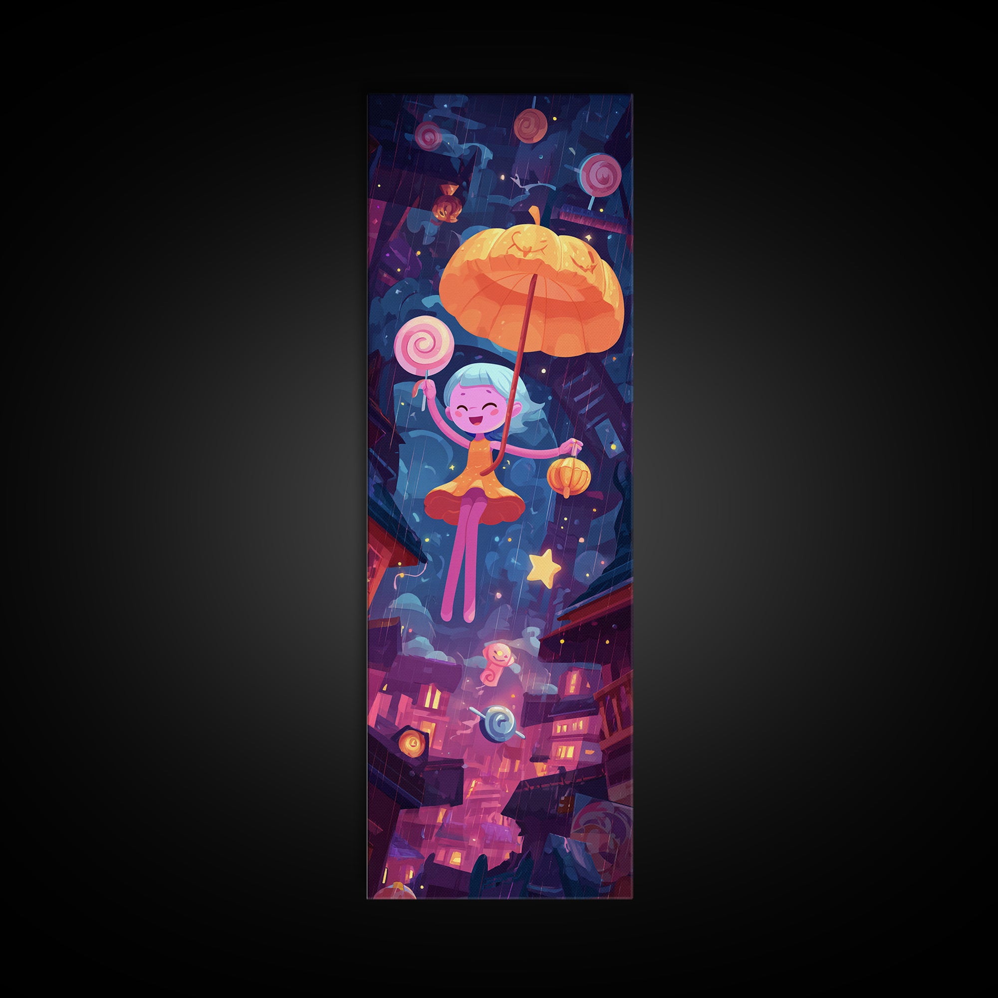 The Enchanted Umbrella Adventure, Vaporwave Halloween Decor, Tall Narrow Wall Art, Canvas Print, Retro Halloween Decor, Neon Wall Art