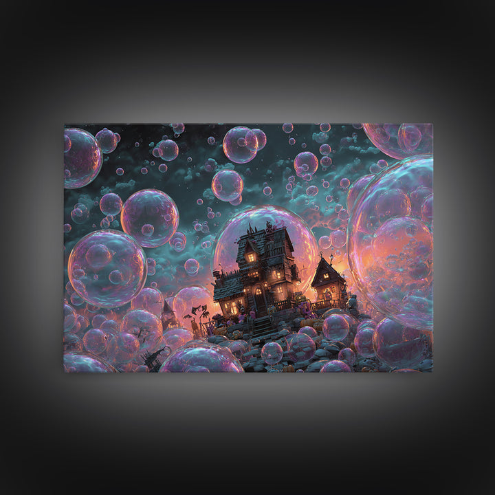 The Halloween Bubble Village, Synthwave Halloween Art, Landscape Wall Art, Framed Canvas Print, Retro Halloween Decor, Neon Wall Art