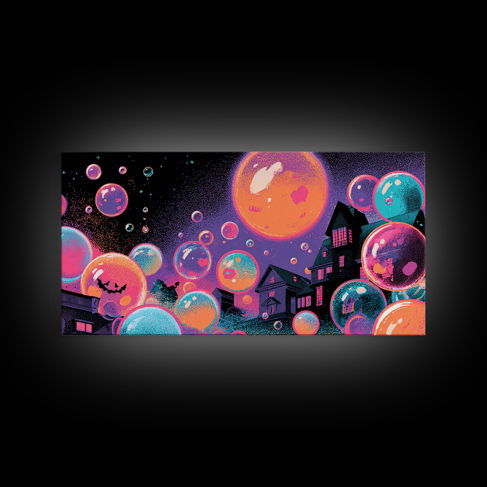 The Halloween Bubble Village, Synthwave Halloween Art, Wide Panoramic Art, Framed Canvas Print, Retro Halloween Decor, Neon Wall Art