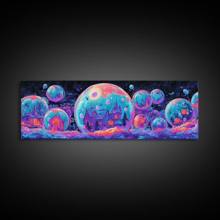 The Halloween Bubble Village, Cute Spooky Neon Art, Extra Wide Wall Art, Canvas Print, Retro Halloween Decor, Neon Wall Art