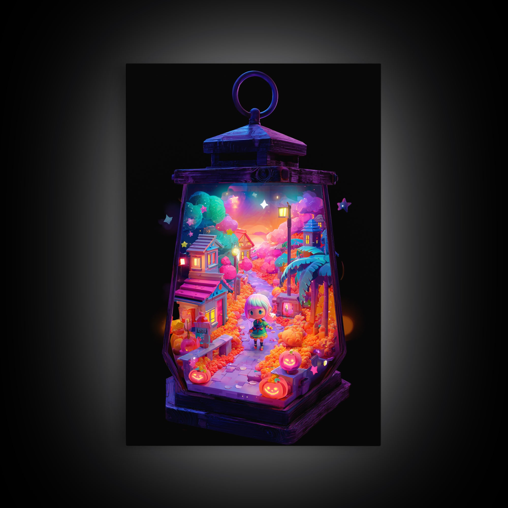 The World Inside A Lantern, Cute Spooky Neon Art, Vertical Wall Art, Canvas Print, Retro Halloween Decor, Neon Wall Art, Macabre Wall Art