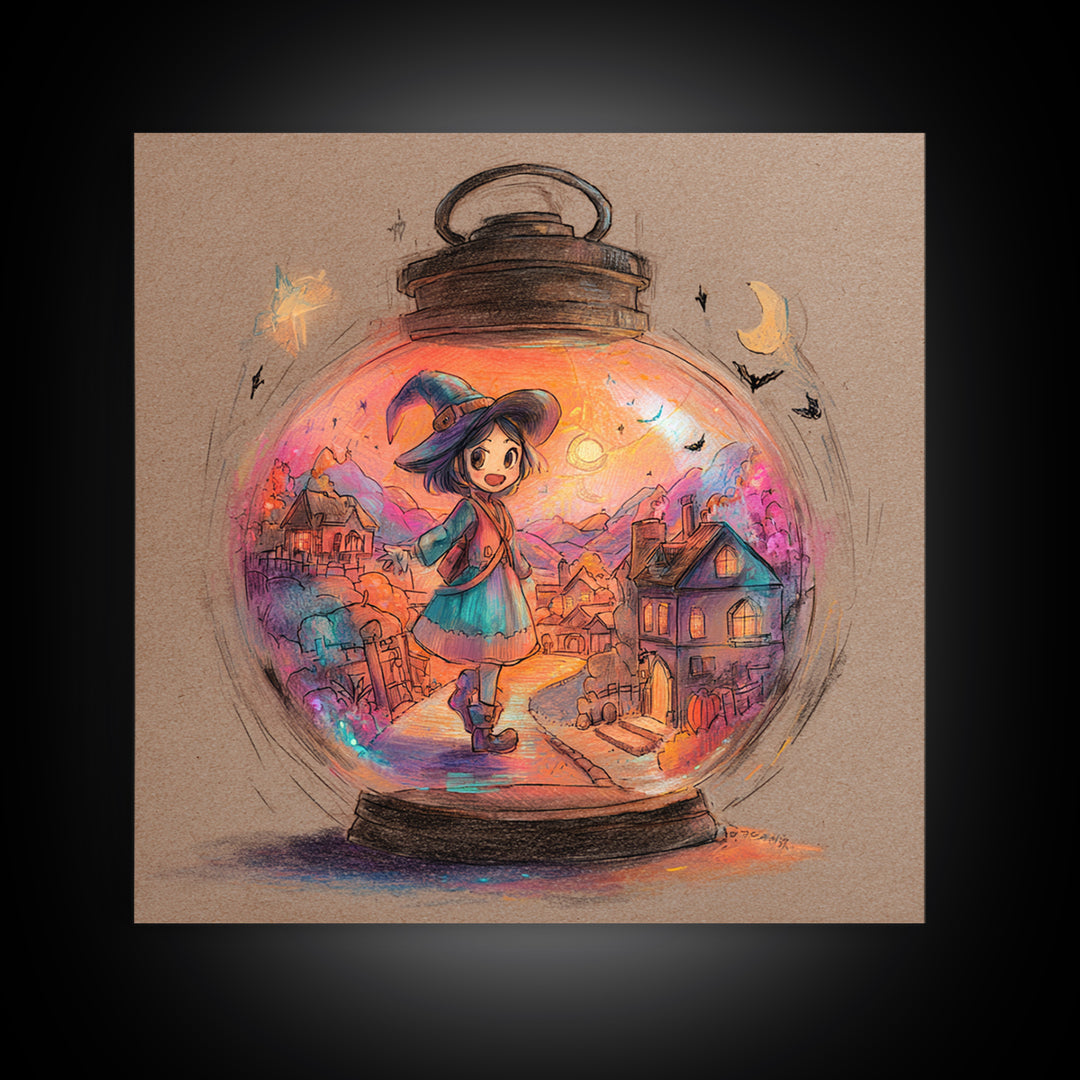 The World Inside A Lantern, Cute Spooky Neon Art, Square Wall Art, Framed Canvas Print, Retro Halloween Decor, Neon Wall Art